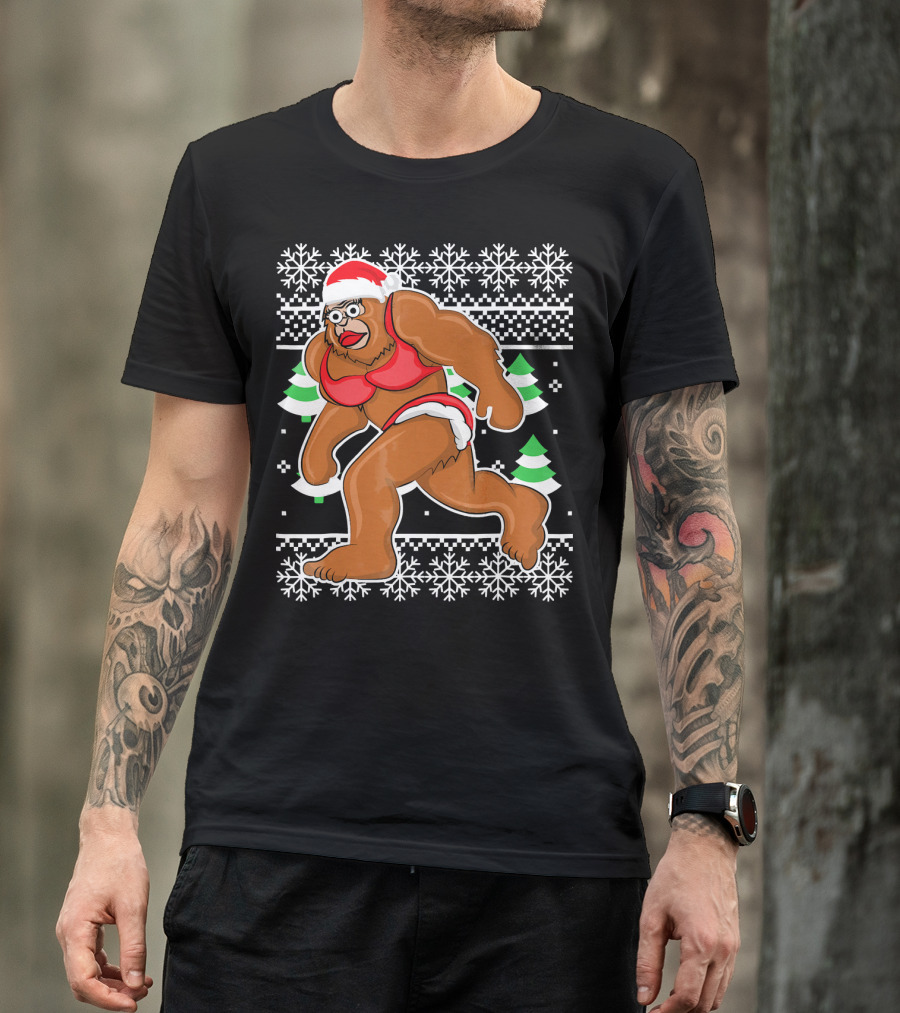 Bigfoot Bikini Ugly Christmas Sweater Santa Hat Snowflakes Holiday Party T-Shirt