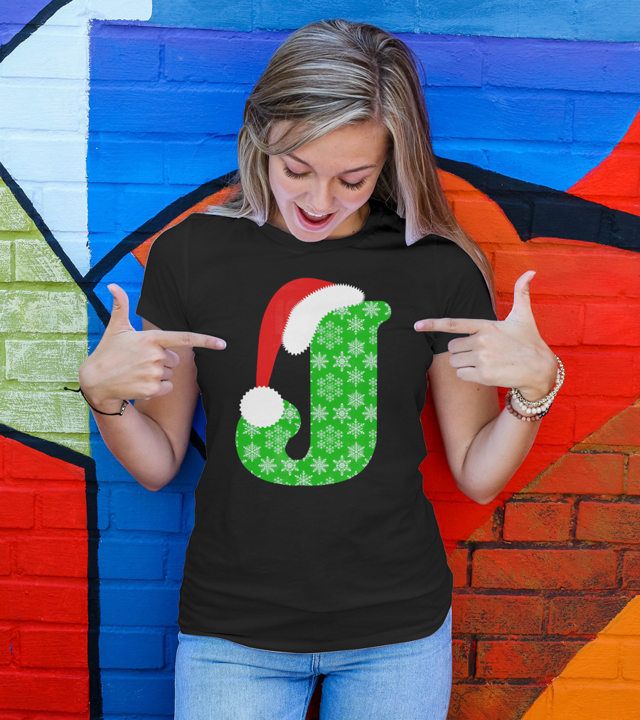 Santa Hat Green Snowflake Monogram Letter J Christmas T-Shirt