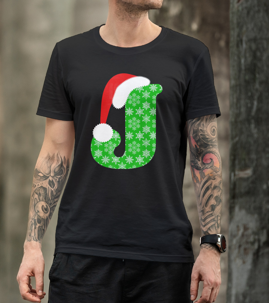 Santa Hat Green Snowflake Monogram Letter J Christmas T-Shirt
