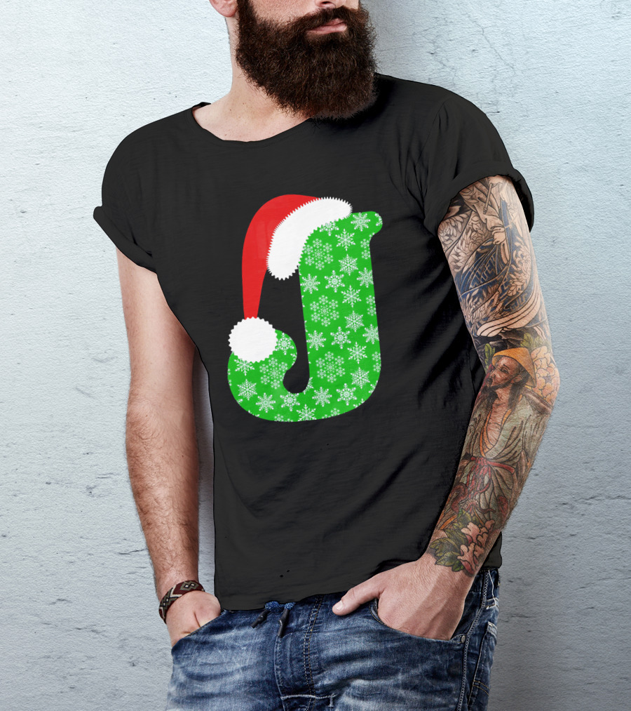 Santa Hat Green Snowflake Monogram Letter J Christmas T-Shirt