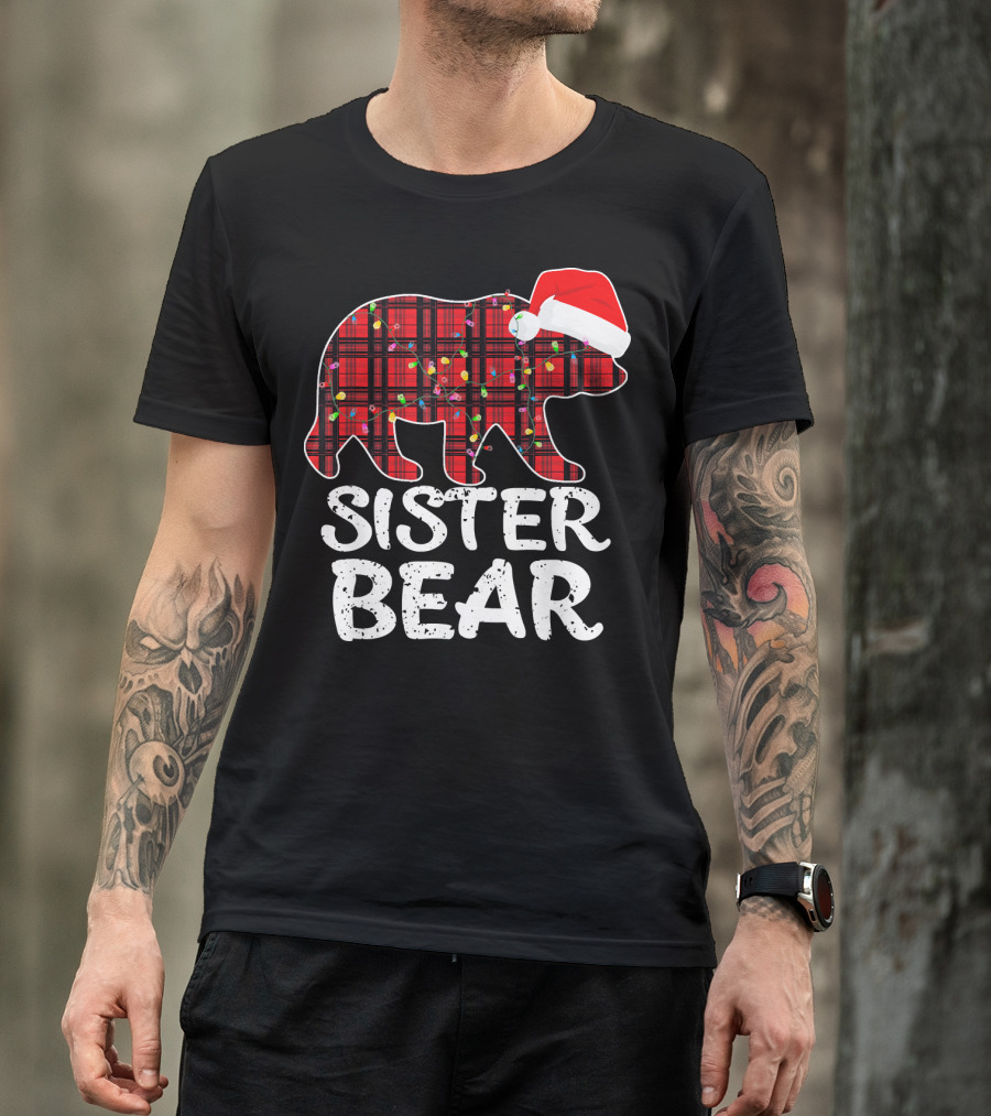 Sister Bear Red Plaid Christmas Paj With Santa Hat And Lights T-Shirt
