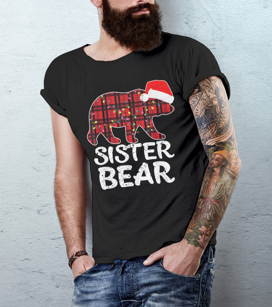 Sister Bear Red Plaid Christmas Paj With Santa Hat And Lights T-Shirt