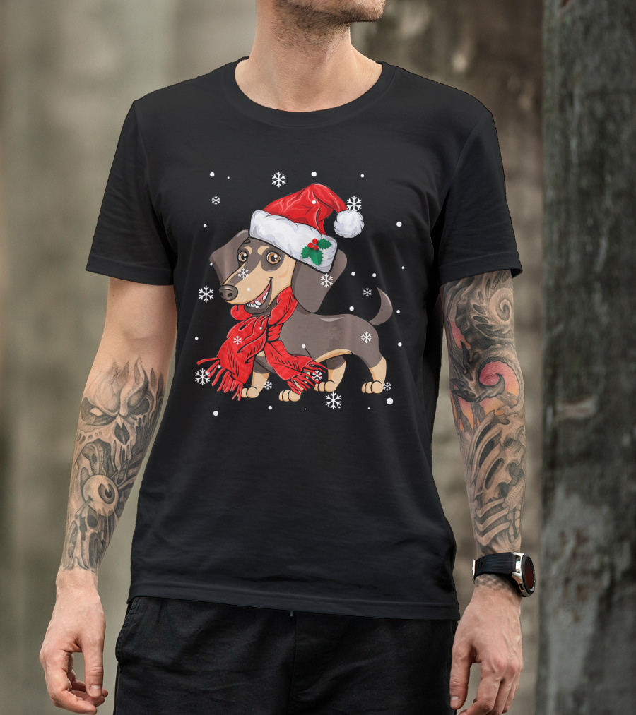 Dachshund Wearing Santa Hat And Red Scarf With Snowflakes T-Shirt