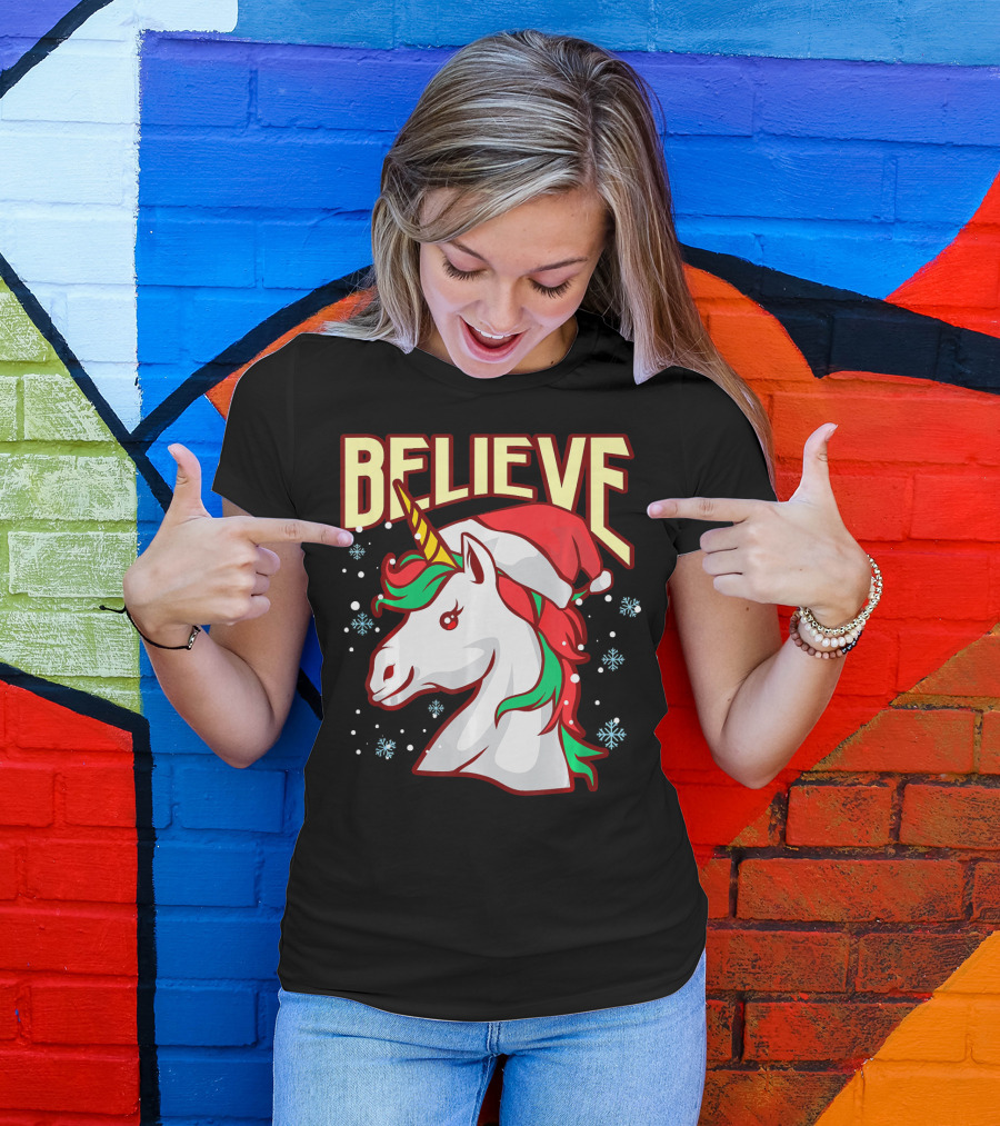 Believe The Unicorn Santa Hat Snowflakes T-Shirt