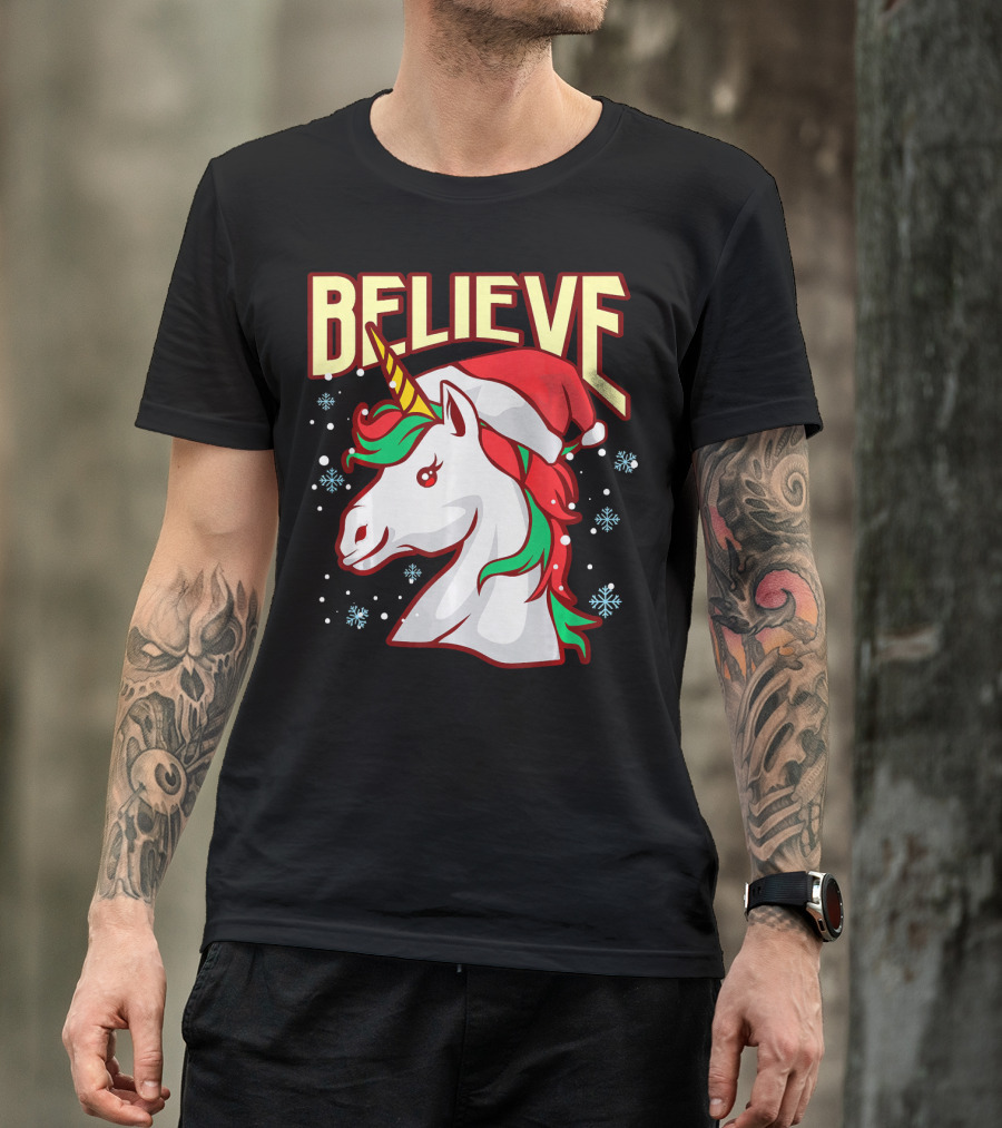 Believe The Unicorn Santa Hat Snowflakes T-Shirt