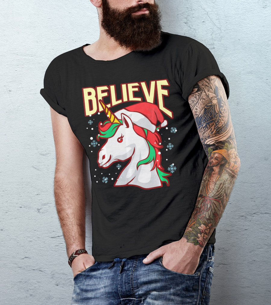 Believe The Unicorn Santa Hat Snowflakes T-Shirt