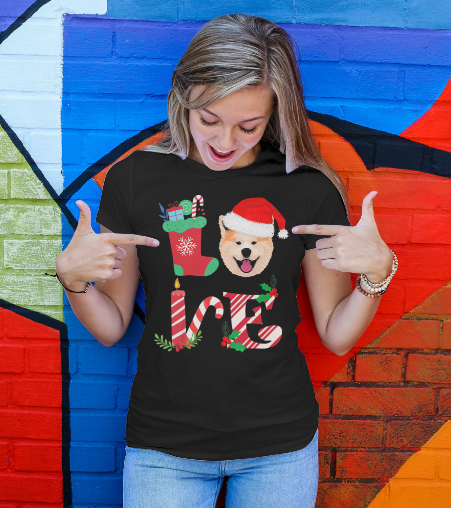I Love My Akita Christmas Love With Santa Hat And Holiday Decorations T-Shirt