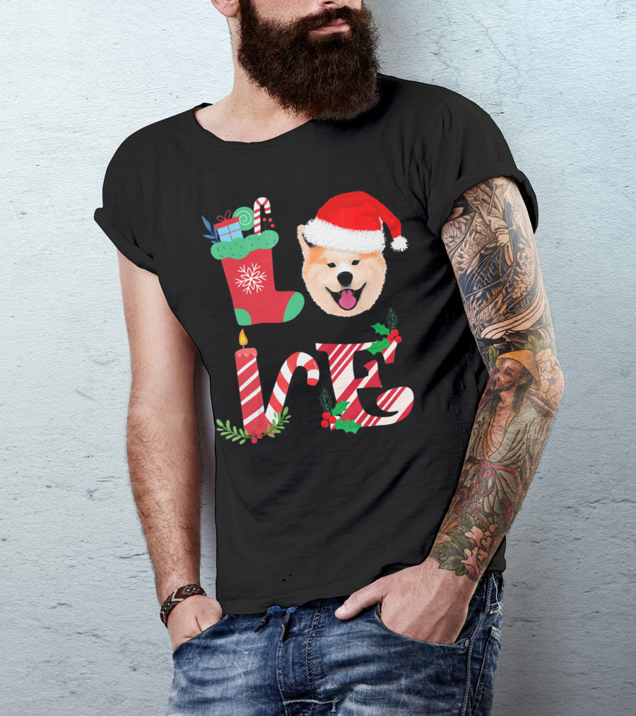 I Love My Akita Christmas Love With Santa Hat And Holiday Decorations T-Shirt