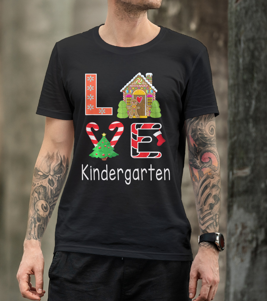 Love Kindergarten Christmas Candy Cane Gingerbread House T-Shirt