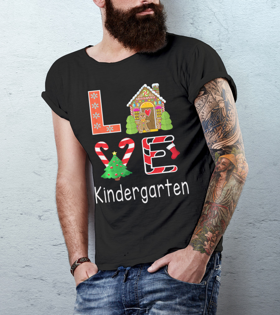 Love Kindergarten Christmas Candy Cane Gingerbread House T-Shirt