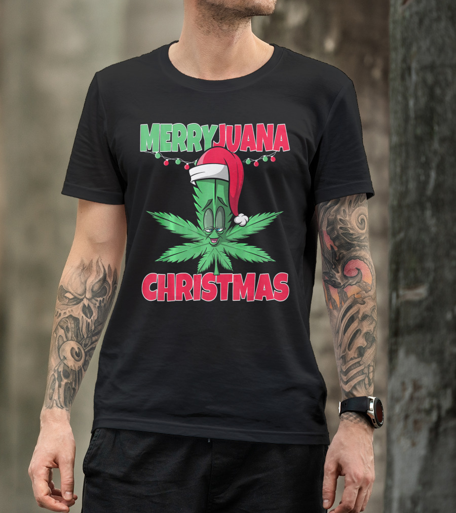 Merryjuana Christmas Funny Santa Hat Marijuana Leaf T-Shirt