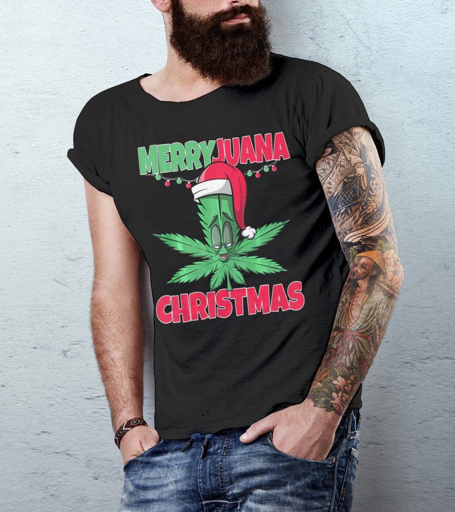 Merryjuana Christmas Funny Santa Hat Marijuana Leaf T-Shirt