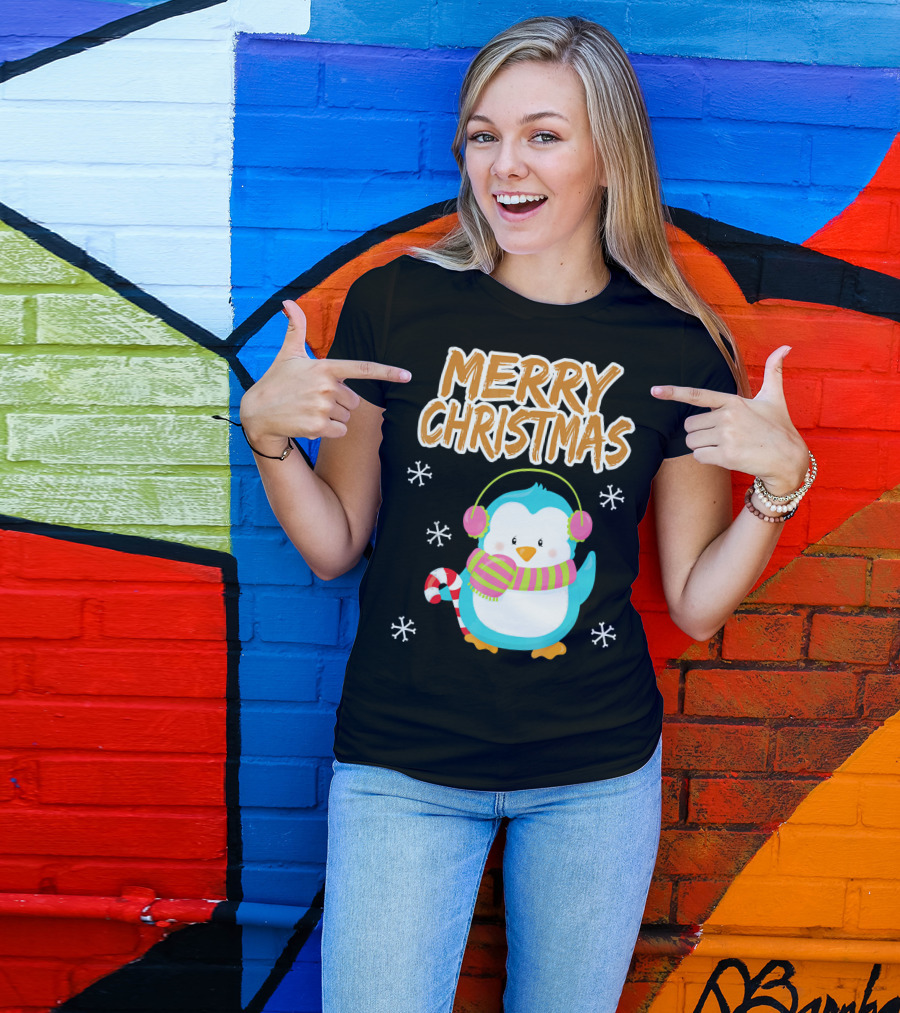 Merry Christmas Penguin With Candy Cane And Snowflakes T-Shirt
