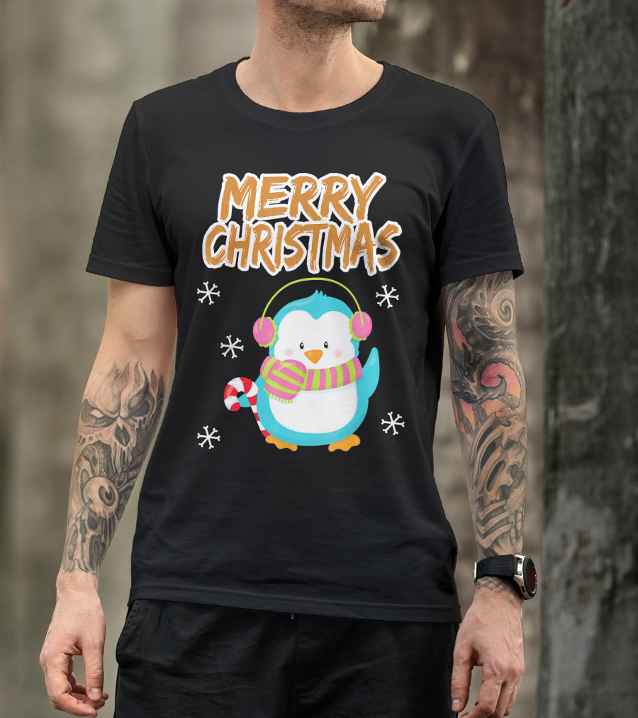 Merry Christmas Penguin With Candy Cane And Snowflakes T-Shirt
