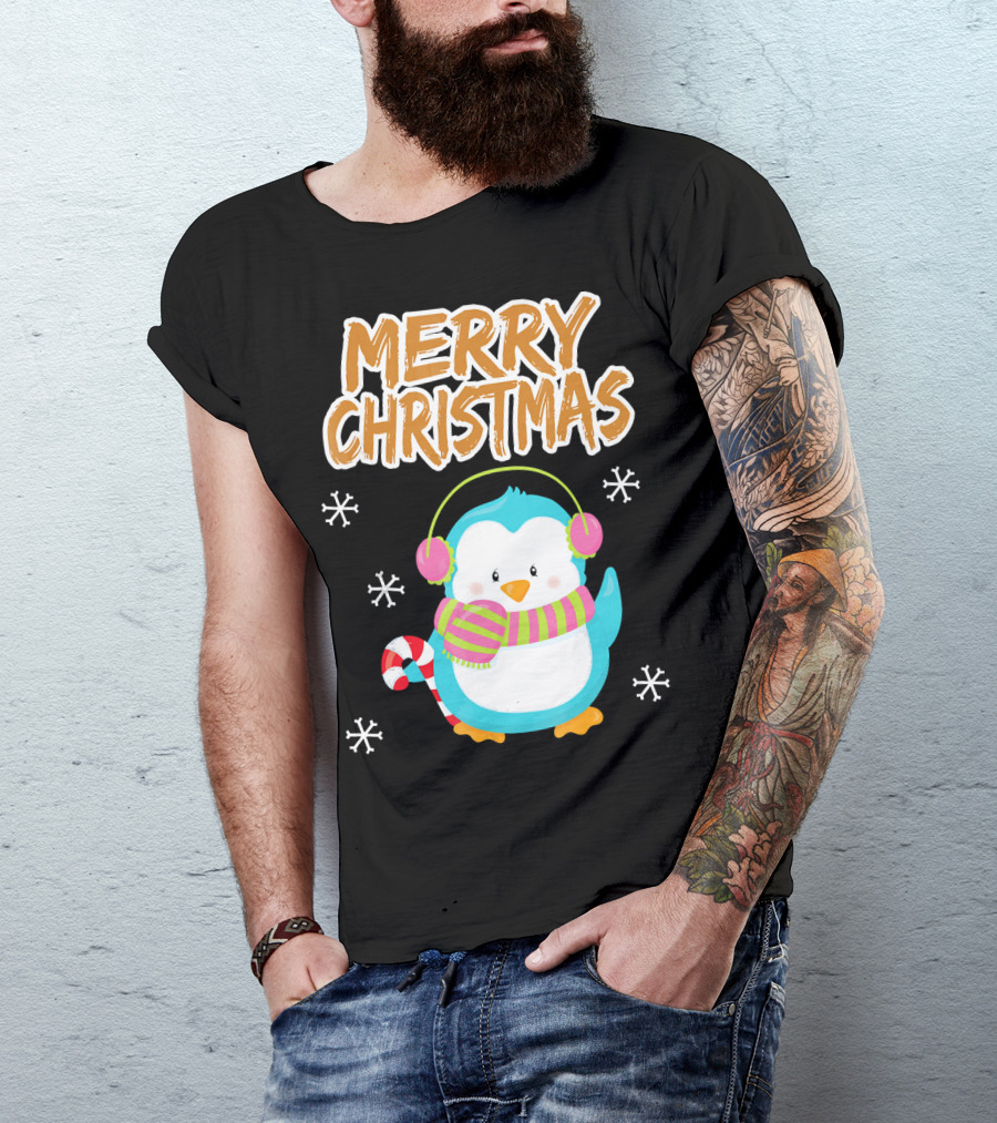 Merry Christmas Penguin With Candy Cane And Snowflakes T-Shirt