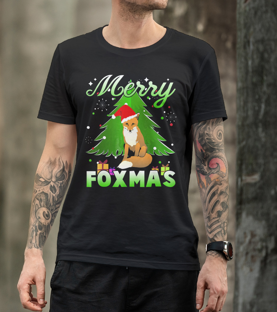 Merry Foxmas Santa Hat Fox And Christmas Tree T-Shirt