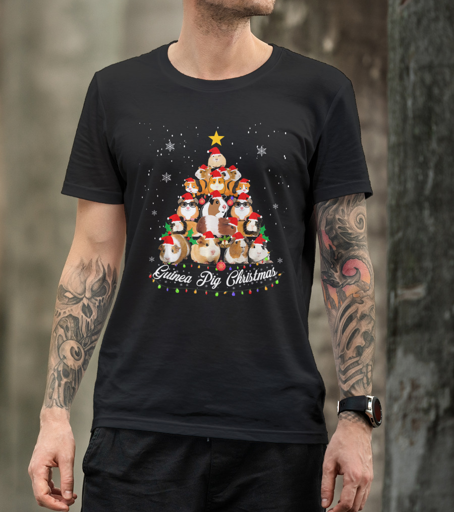 Guinea Pig Christmas Tree With Santa Hats And Snowflakes T-Shirt