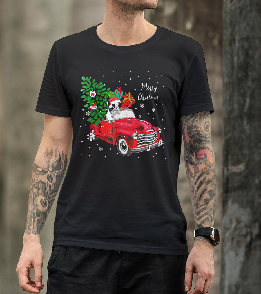Merry Christmas Santa Boston Terrier Red Truck Snowflakes T-Shirt