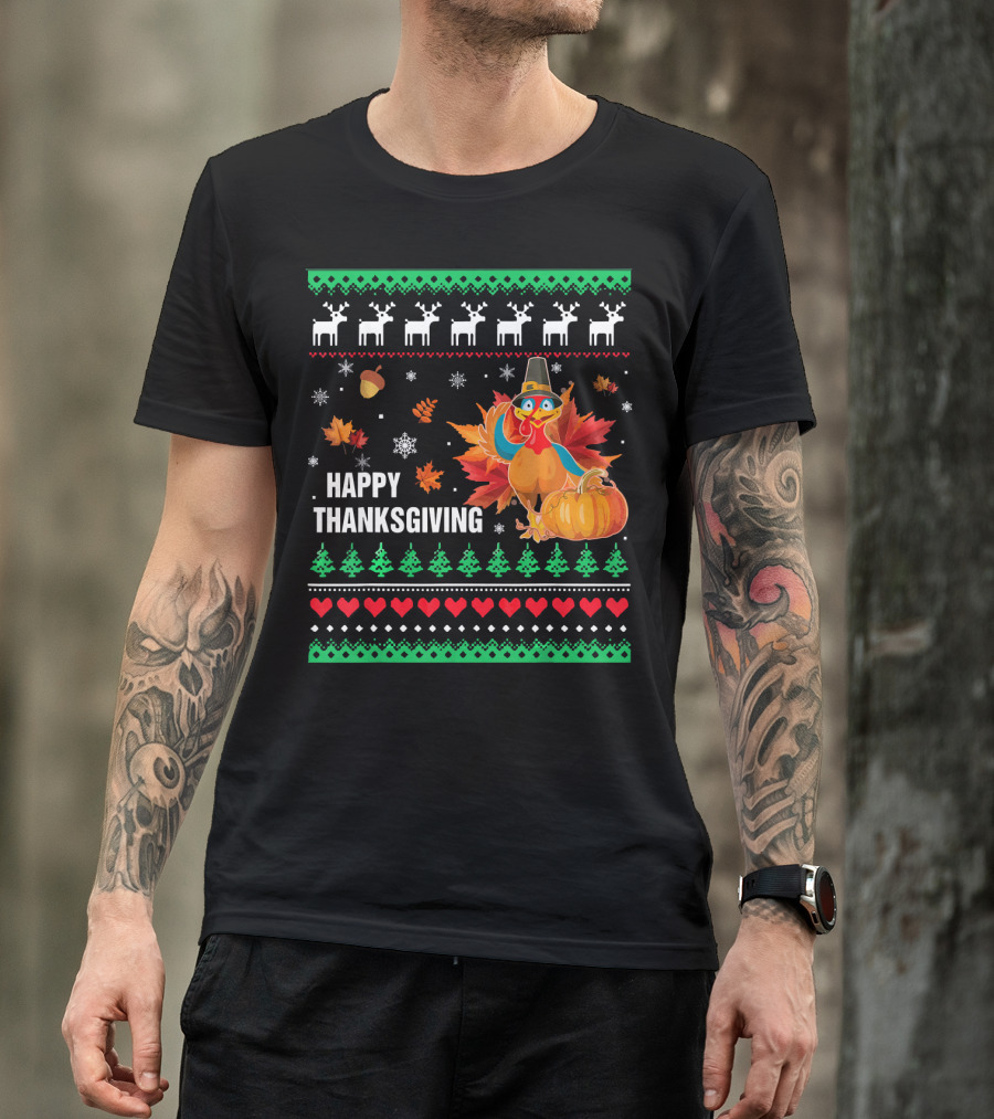 Happy Thanksgiving Turkey Pilgrim Hat Reindeer Snowflakes Pumpkins Leaves T-Shirt