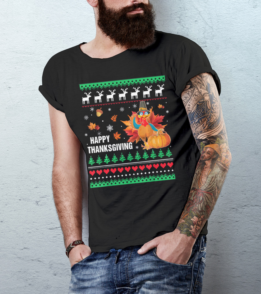 Happy Thanksgiving Turkey Pilgrim Hat Reindeer Snowflakes Pumpkins Leaves T-Shirt