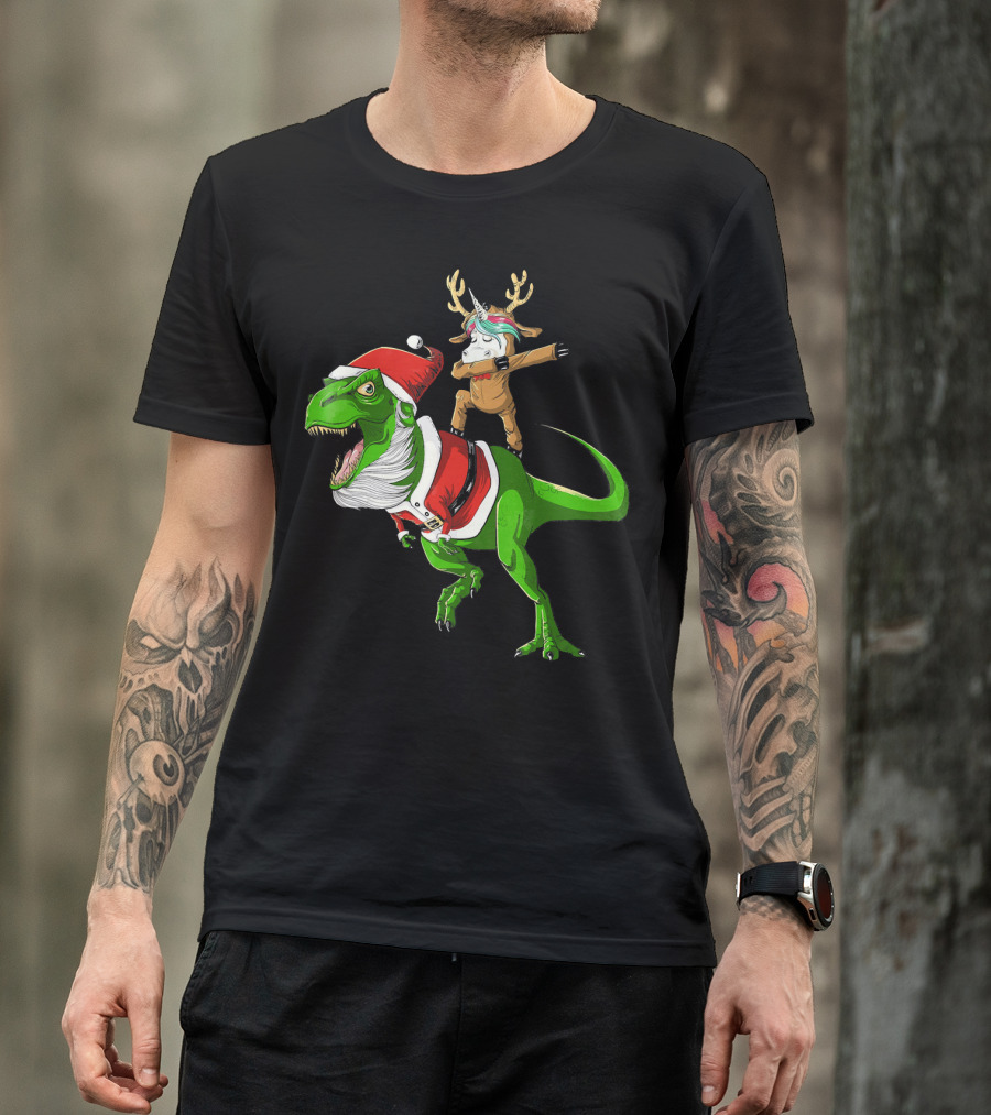 Unicorn Dabbing On Dinosaur Santa With Antlers T-Shirt