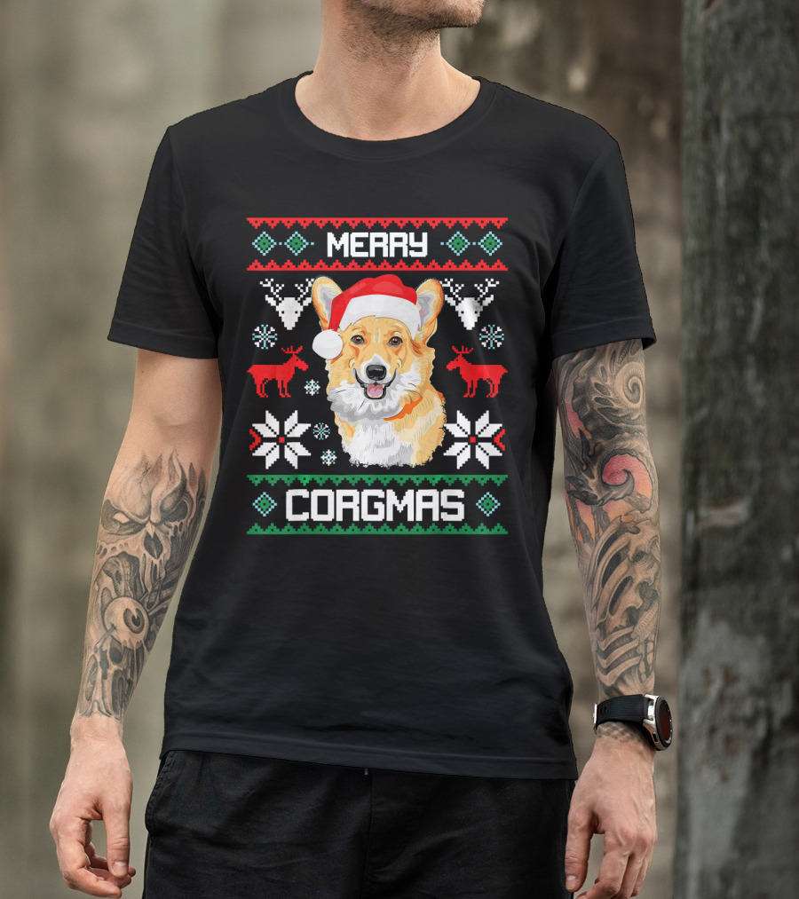 Merry Corgmas Corgi Dog Santa Hat Ugly Christmas T-Shirt