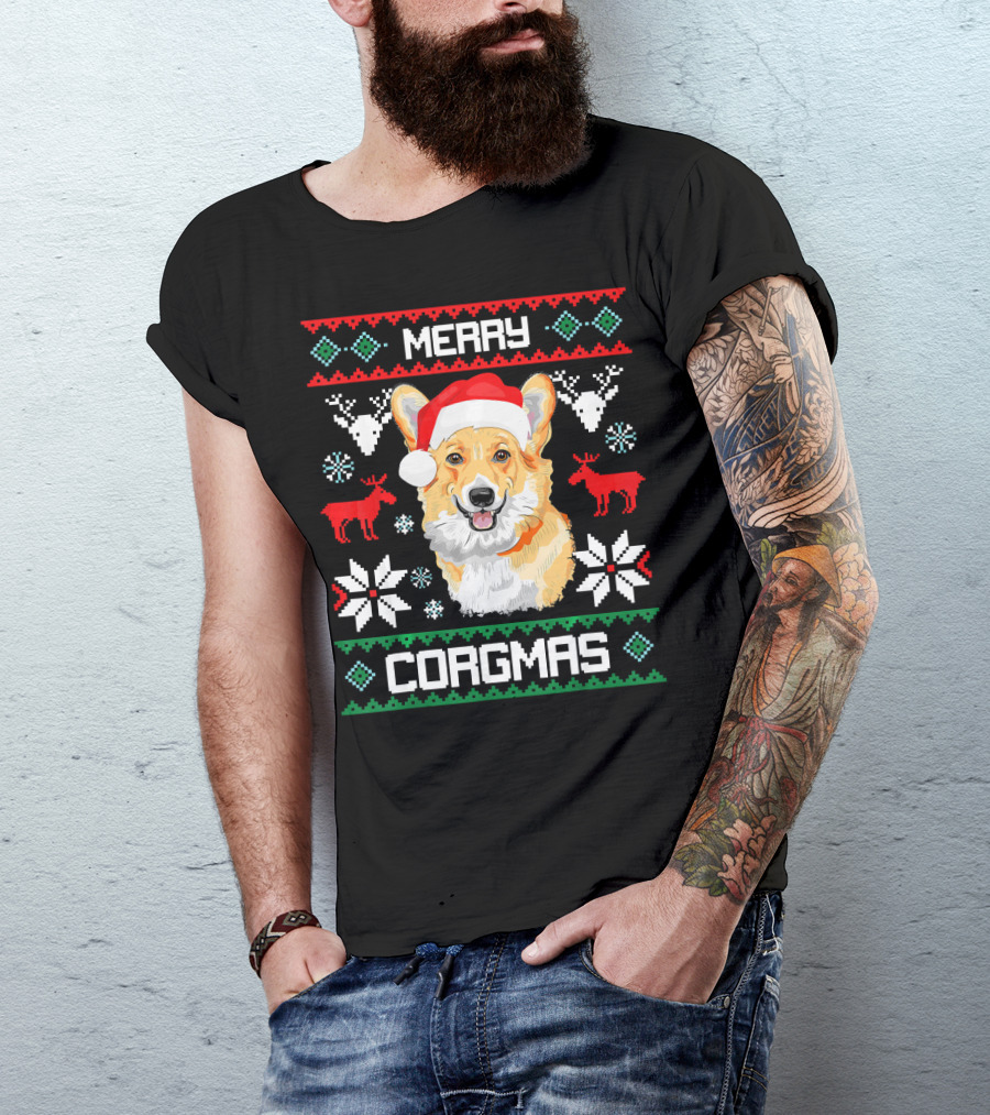 Merry Corgmas Corgi Dog Santa Hat Ugly Christmas T-Shirt