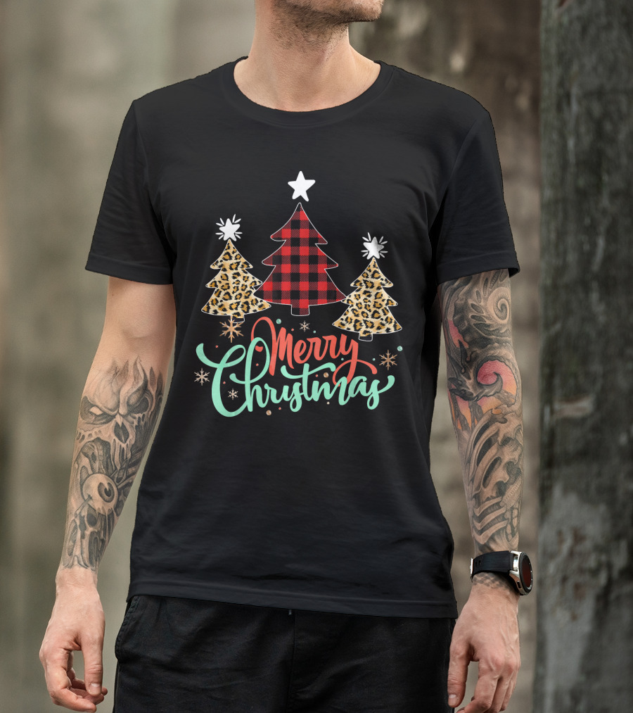 Merry Christmas Leopard Plaid Tree T-Shirt