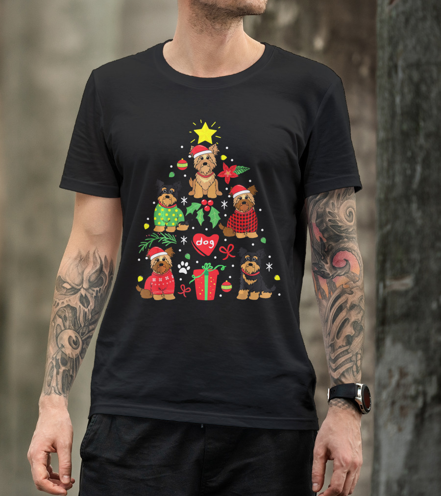 Yorkipoo Dog In Santa And Christmas Sweaters With Ornaments And Gifts T-Shirt