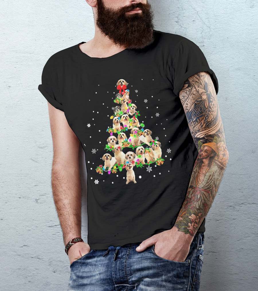 Cute Cavachon Dog Christmas Tree With Snowflakes And Bow T-Shirt