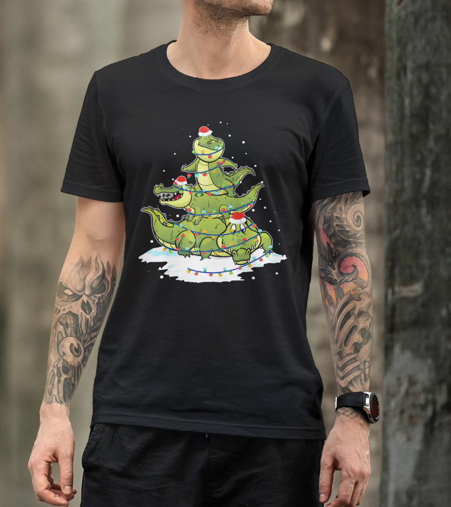 Alligator Santa Christmas Light Tree Festive Holiday Scene T-Shirt