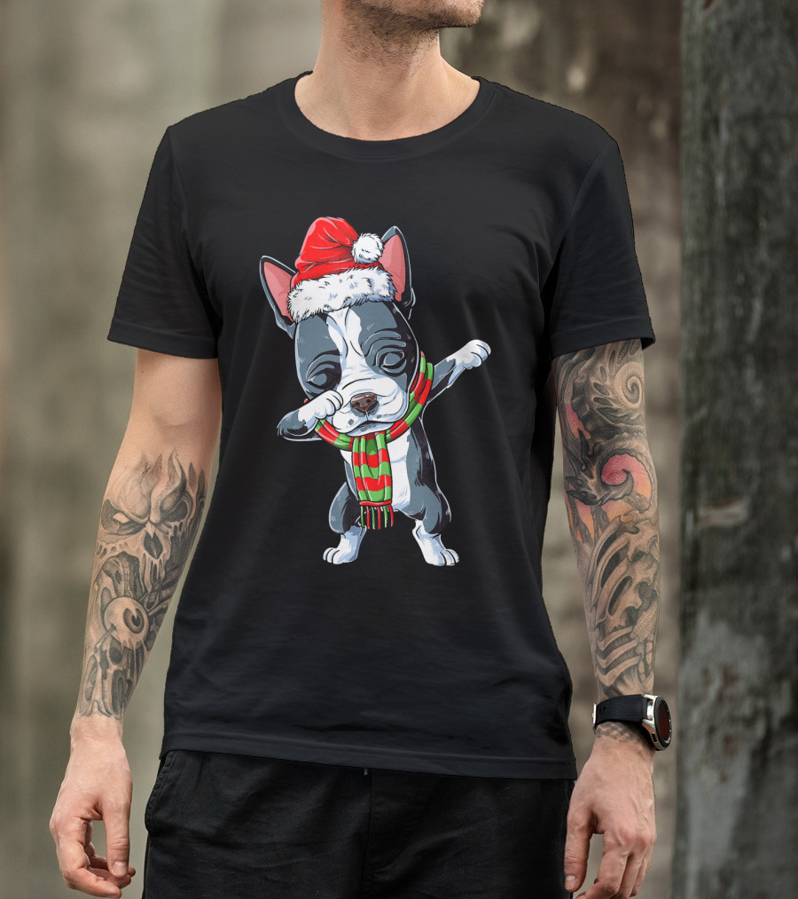 Dabbing Boston Terrier Santa Christmas Scarf Festive Dog T-Shirt