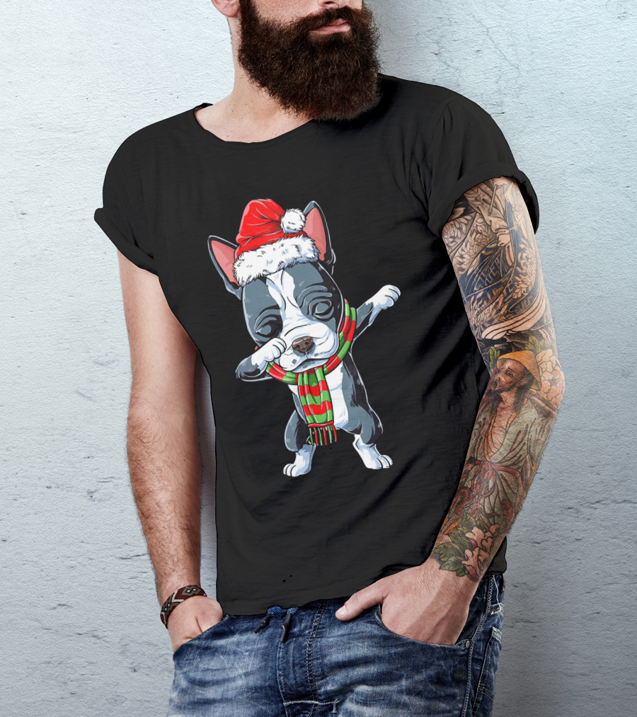 Dabbing Boston Terrier Santa Christmas Scarf Festive Dog T-Shirt