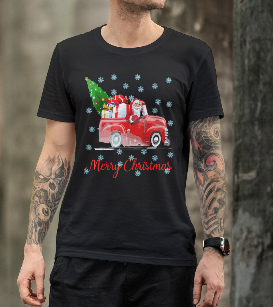 Merry Christmas Tree Santa Vintage Car With Presents And Snowflakes T-Shirt