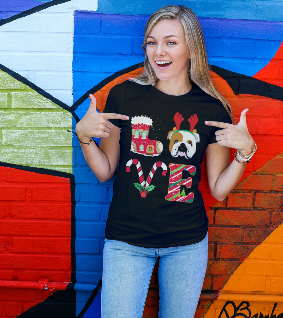 Love My English Bulldog Christmas Holiday Antlers Candy Cane T-Shirt