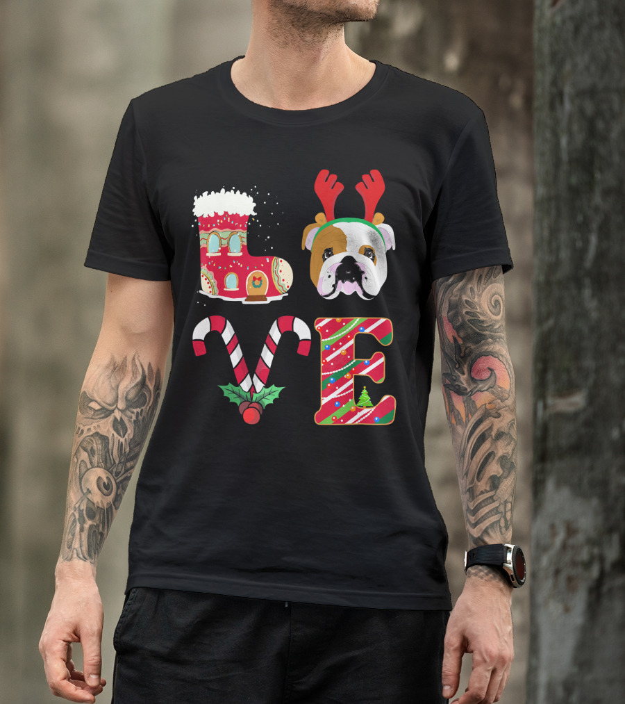 Love My English Bulldog Christmas Holiday Antlers Candy Cane T-Shirt
