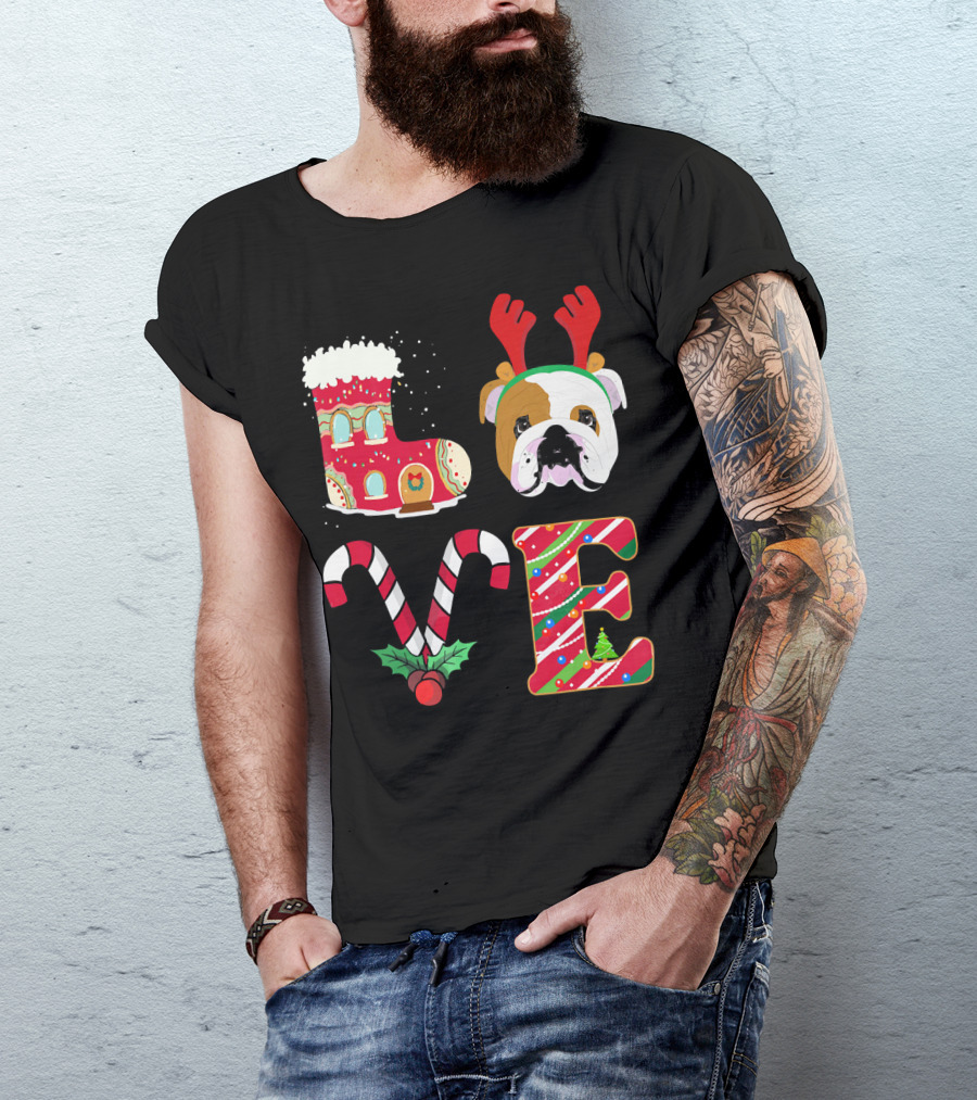 Love My English Bulldog Christmas Holiday Antlers Candy Cane T-Shirt