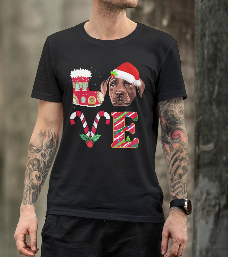 I Love My Chocolate Labrador Christmas Theme With Santa Hat And Candy Cane Decorations T-Shirt