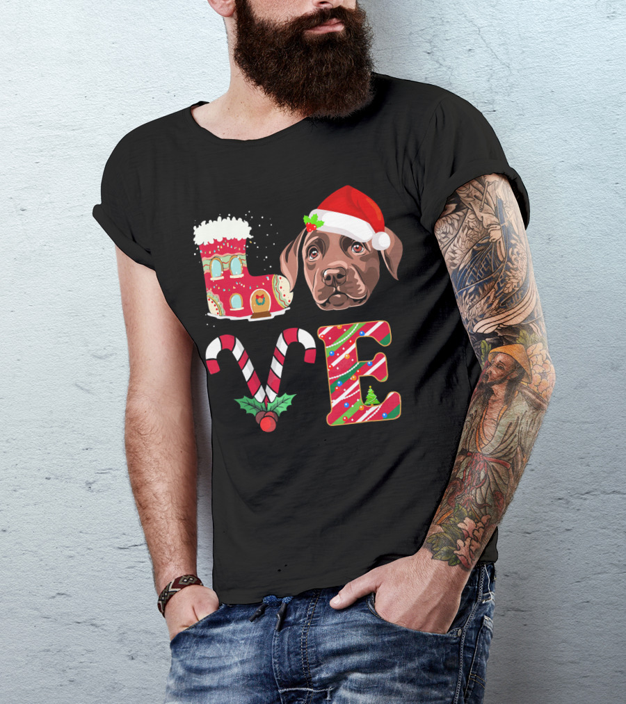I Love My Chocolate Labrador Christmas Theme With Santa Hat And Candy Cane Decorations T-Shirt