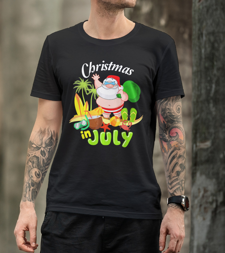 Christmas In July Santa With Surfboards, Palm Trees, Tropical Drinks, And Beach Accessories T-Shirt