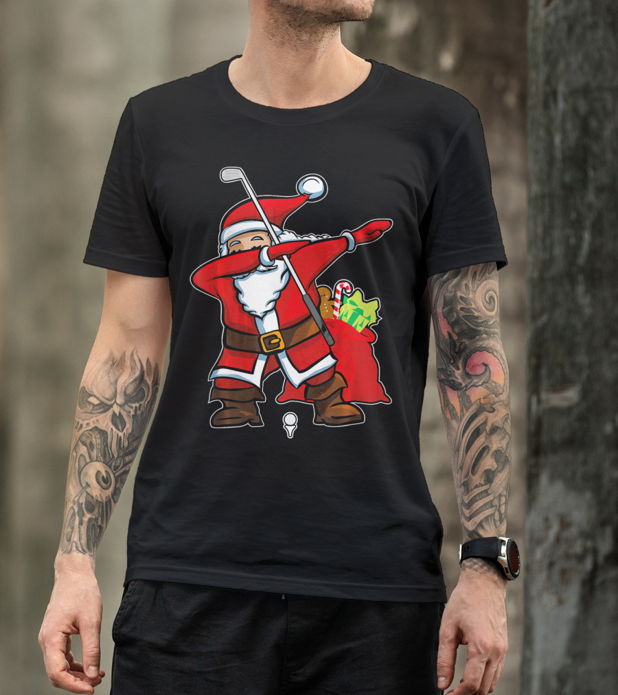 Christmas Dabbing Golf Santa With Gift Bag And Candy Cane T-Shirt