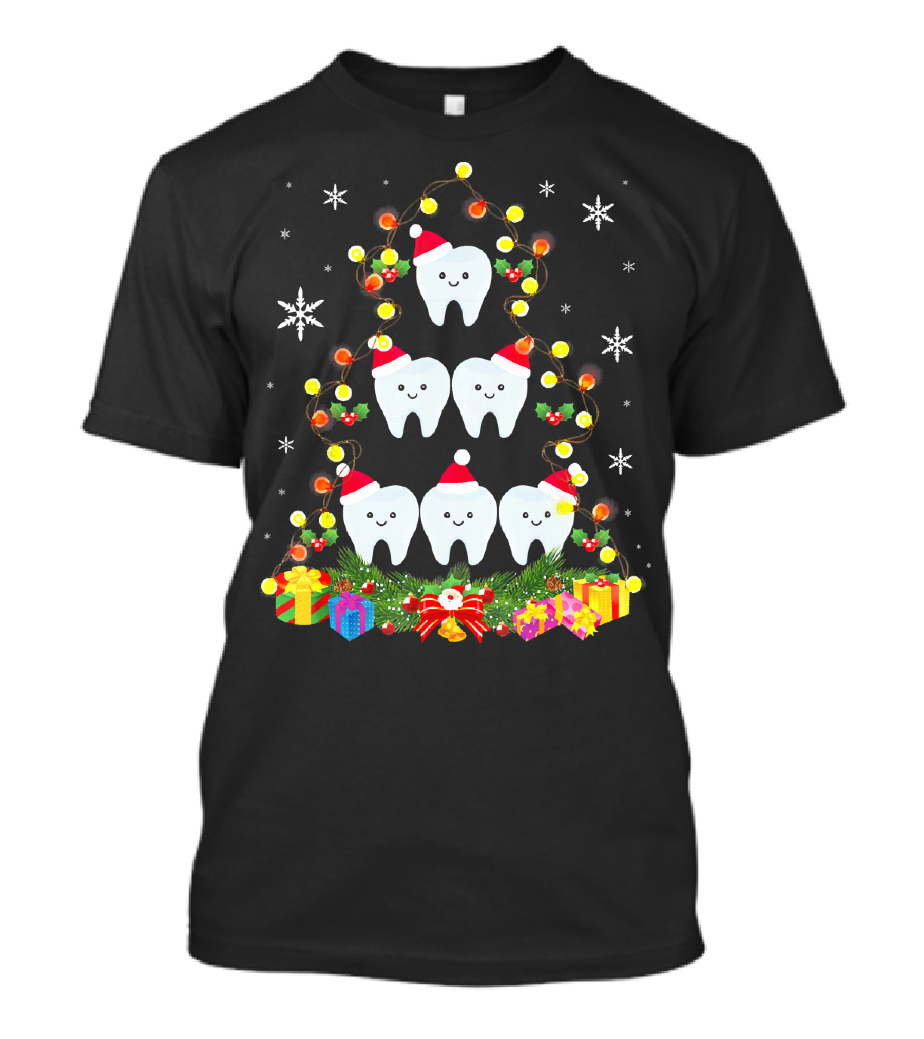 Dental Christmas Tree With Lighted Tooth Ornaments And Festive Gifts T-Shirt