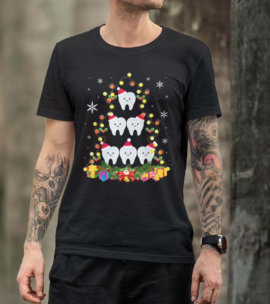 Dental Christmas Tree With Lighted Tooth Ornaments And Festive Gifts T-Shirt