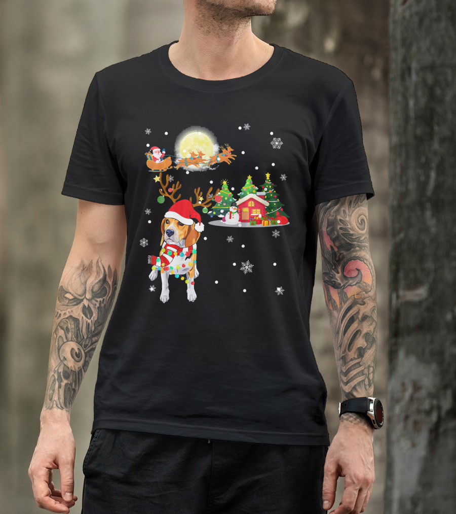 Beagle Christmas Santa Sleigh Trees Snowman Holiday Scene T-Shirt