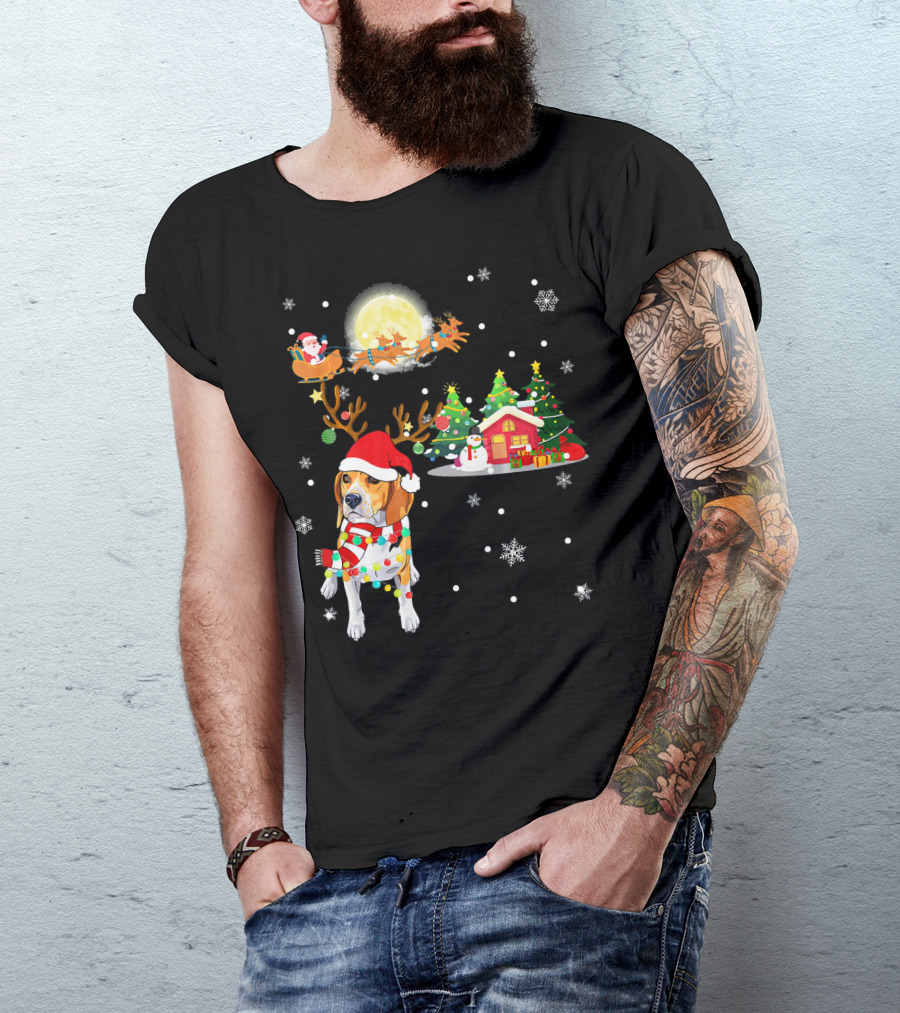 Beagle Christmas Santa Sleigh Trees Snowman Holiday Scene T-Shirt