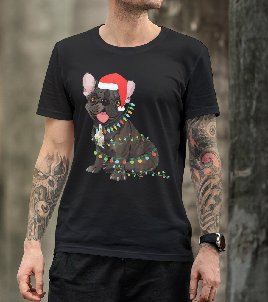 Santa French Bulldog Tangled In Christmas Lights T-Shirt