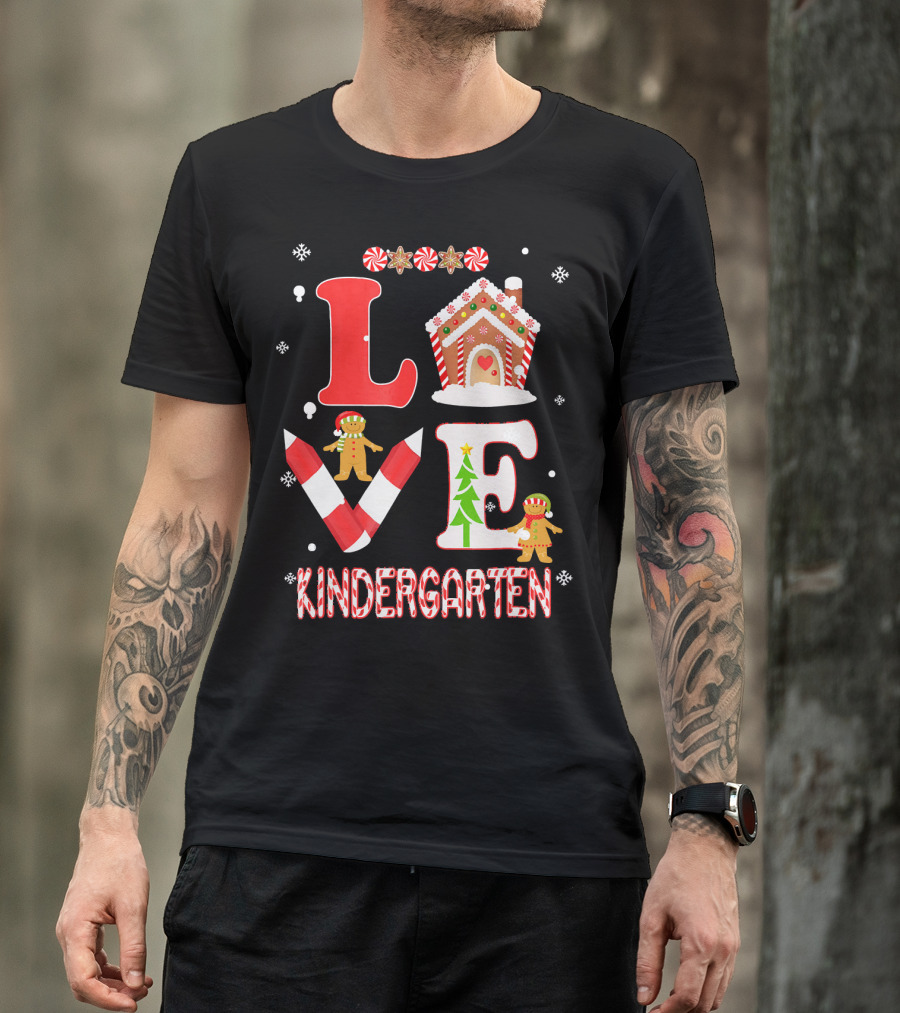Love Kindergarten Teacher Gingerbread Candy Cane Christmas T-Shirt