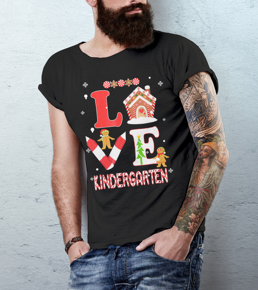 Love Kindergarten Teacher Gingerbread Candy Cane Christmas T-Shirt