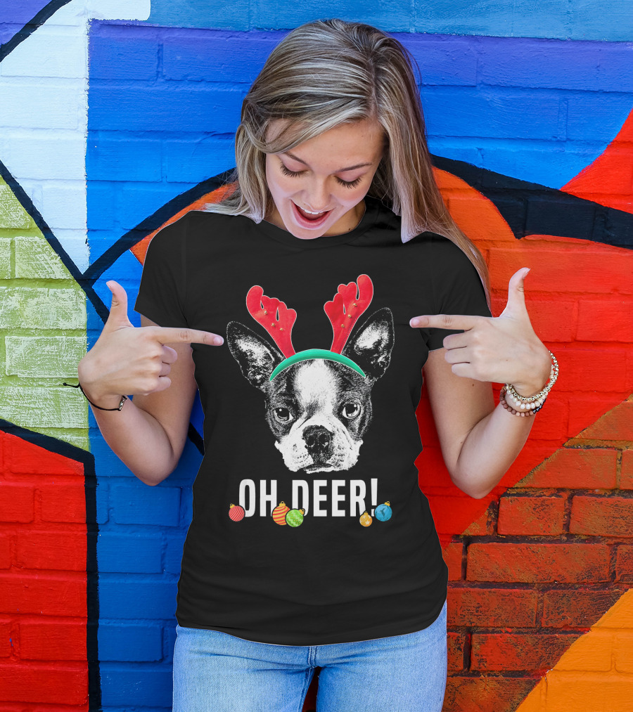 Oh Deer Boston Terrier With Reindeer Antlers And Christmas Ornaments T-Shirt