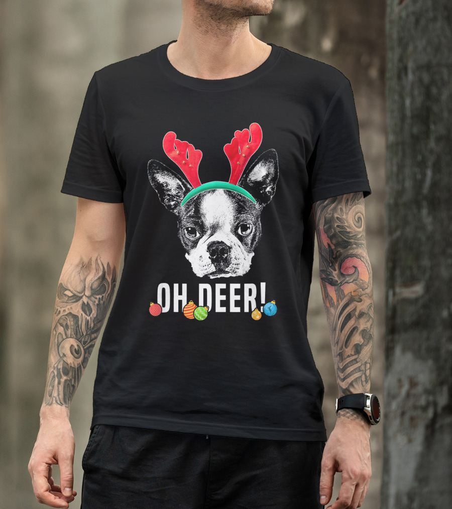 Oh Deer Boston Terrier With Reindeer Antlers And Christmas Ornaments T-Shirt